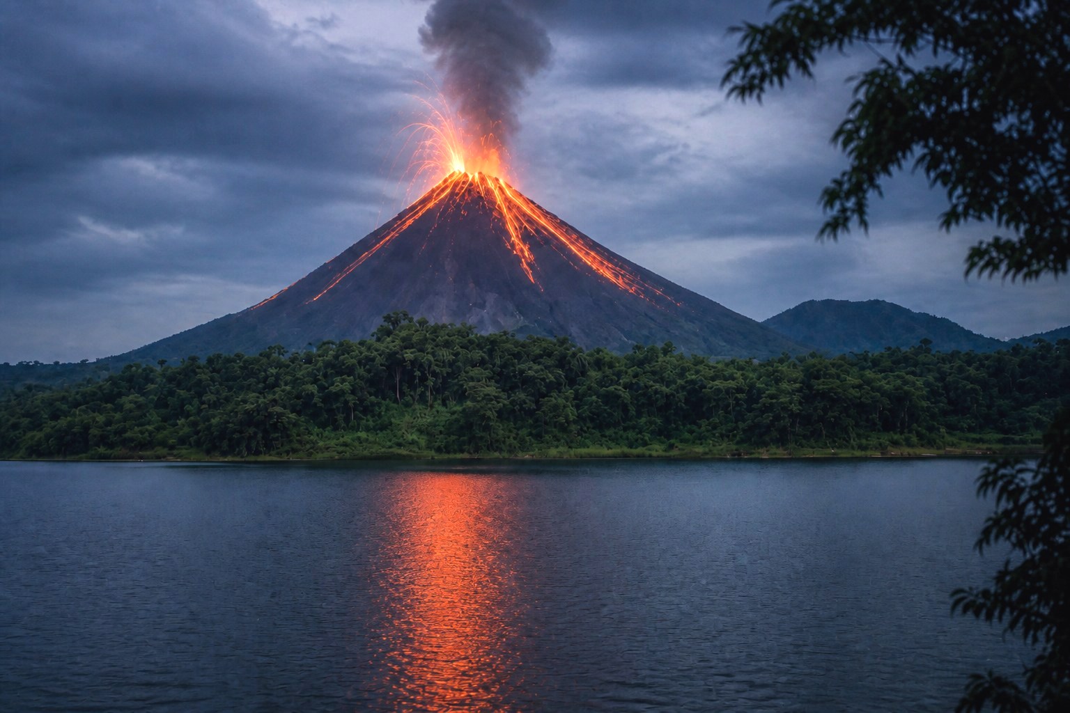 Volcano erupting at dusk beyond forest and lake, lava reflected on the water — a metaphor for compounding crisis